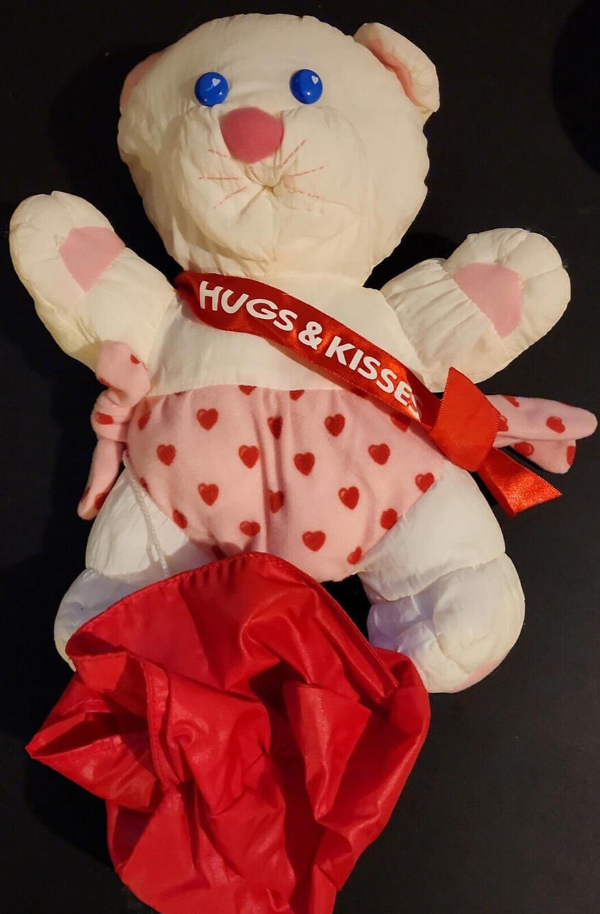 9" Vintage White Teddy Bear Plush - "Hugs & Kisses" Red Hearts Stuffed Animal